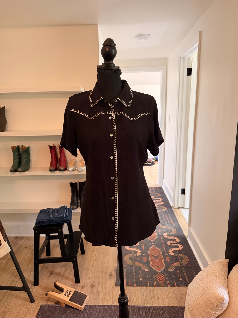 Idyllwind Black Button-Down Top with White Stitching